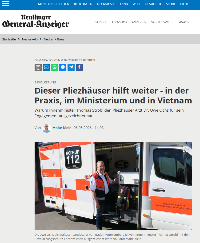 Zeitungsartikel im Reutlinger General-Anzeiger vom Mai 2026 über das ehrenamtliche Engagement von Dr. Uwe Ochs